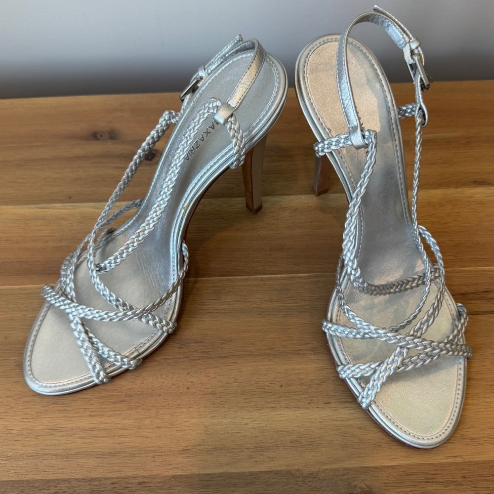 BCBGMAXAZRIA 7.5 Silver Metallic Braided Leather Strappy Stiletto Heel Sandals‎